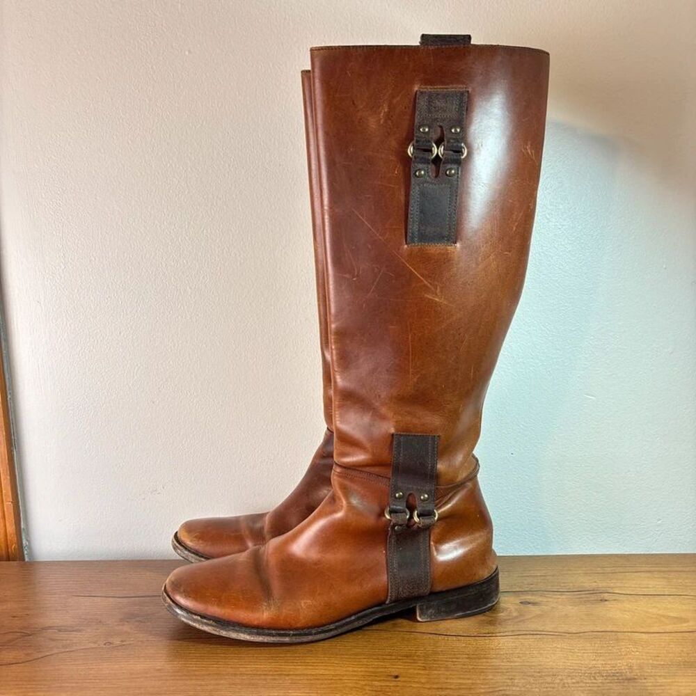 Cole Haan Womens 9.5 Cognac Leather Knee High Riding Boots Harness Buckle